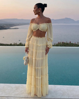 TALSIE Ruffle Off-Shoulder Top & Tiered Maxi Skirt Set