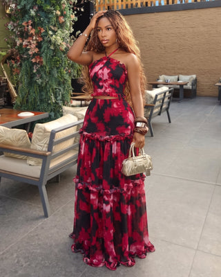 ROSEY Smocked Halter Crop Top & Tiered Maxi Skirt Set