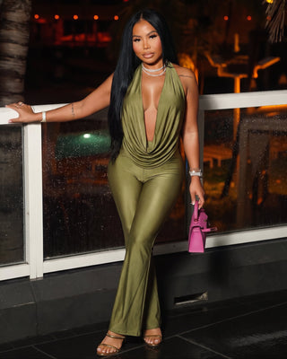 FELY Cowl Halter Top & Flared Pants Set