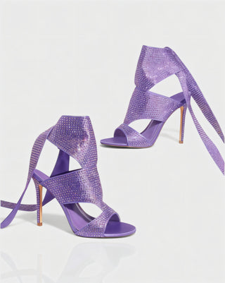 BRIANNE Square Head Rhinestone Lace-Up Knee High Heels