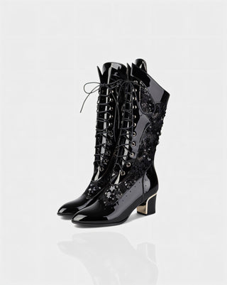 AROLA Lace-Up Embroidered Mid-Calf Boots