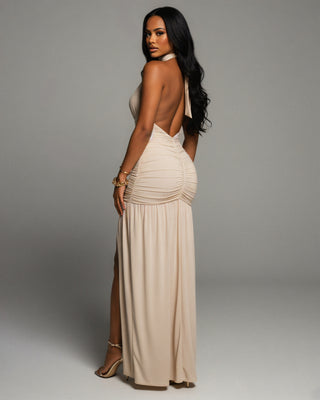SORAYA Backless Halter Plunge Maxi Dress