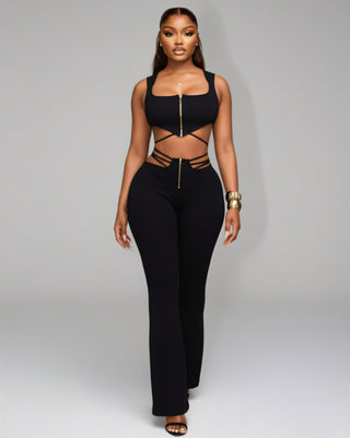 YUNA Ribbed Zip-up Top & Strappy Cutout Pants Set