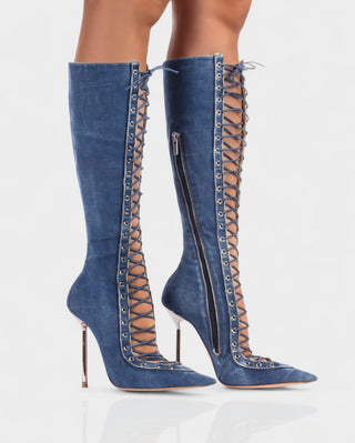 ESCAS Lace-Up Mesh Knee-High Stiletto Boots