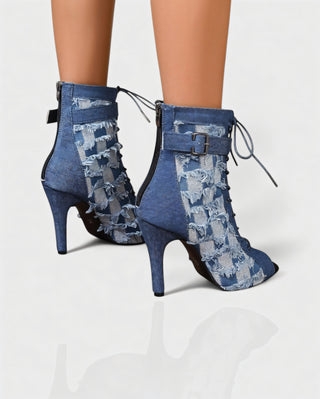 REIKO Buckled Ankle Strap Lace-Up Denim Boots