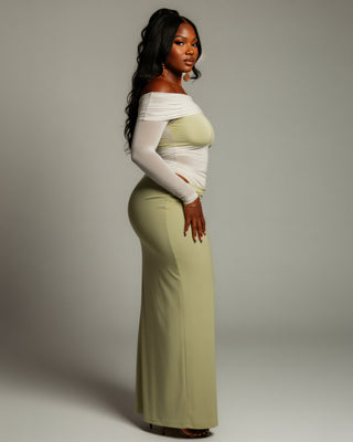 SHAINA Mesh Contrast Draped Maxi Dress