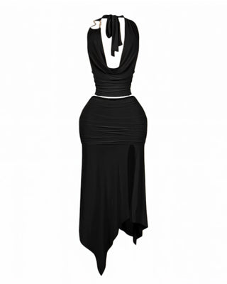 RHIANA Cowl Neck Top & High-Slit Skirt Set