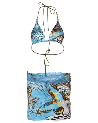 VICTORIA Beaded Leopard & Butterfly Print 3-Piece Bikini Set