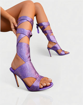 BRIANNE Square Head Rhinestone Lace-Up Knee High Heels