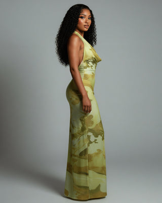 NUVIA Abstract Print Halter Maxi Dress