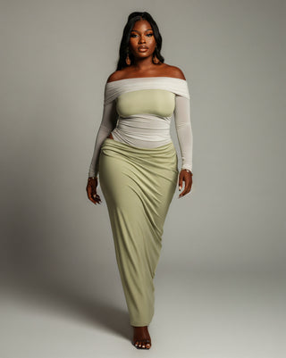 SHAINA Mesh Contrast Draped Maxi Dress