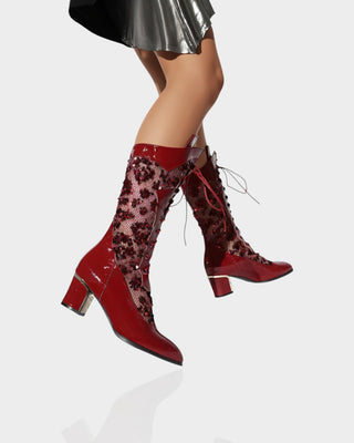 AROLA Lace-Up Embroidered Mid-Calf Boots