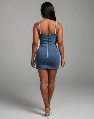 COSETTE Embellished Trim Denim Bodycon Mini Dress