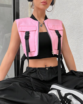 CANDICE Cropped Flap Pocket Buckle Detail Vest