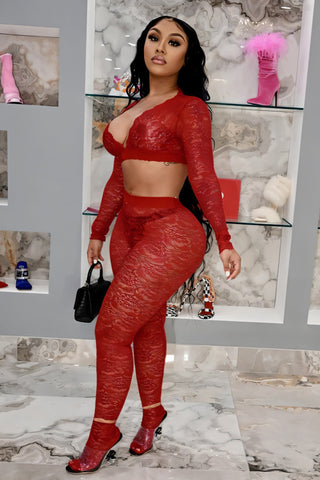 KAMARIA Lace Plunge Neckline Top & Tights Set