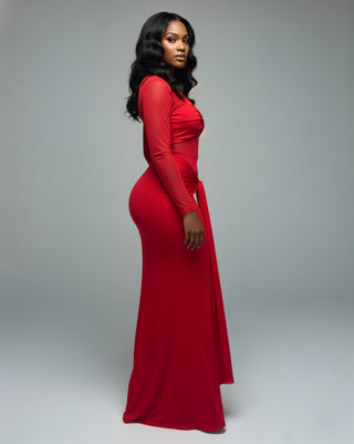 VALEYA Mesh Panel Tie-Front Maxi Dress