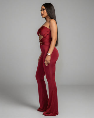 ZANIYA Strapless Twist-Front Flare Jumpsuit