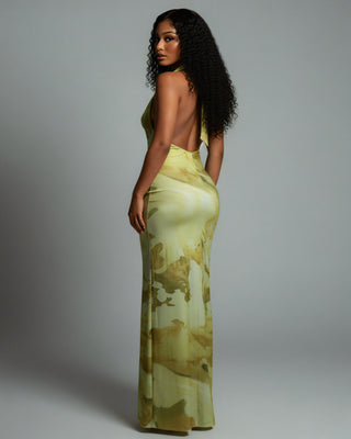NUVIA Abstract Print Halter Maxi Dress
