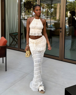 CHRISTINE Sheer Ruched Halter Top and Maxi Skirt Set