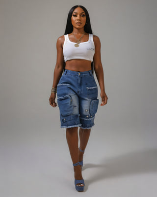 SALOME Distressed Cargo Denim Shorts
