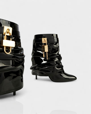 HALINA Padlock Slouch Stiletto Ankle Boots