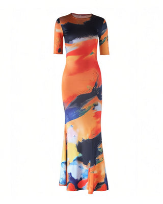 CAIA Round Neck Short Sleeve Printed Maxi Dress