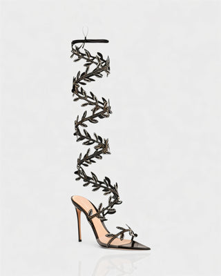 QUINA Leaf Embellished Lace-Up Stiletto Heels