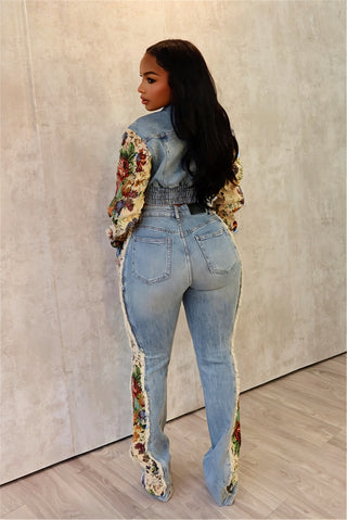 SHAY Denim Tapestry Cropped Jacket & Pant Set