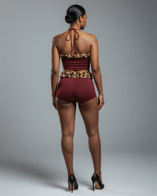 JENNY Leopard Fur Trim Top & Shorts Set