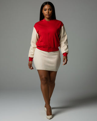 LYSSA Two-Tone Cropped Varsity Bomber Jacket