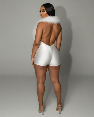 LANNY Deep V Neck Faux Feather Satin Romper