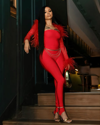 INESSA Feather Trim Long Sleeve Square Neck Jumpsuit