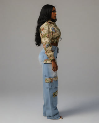 SHENA Floral Cropped Jacket & Cargo Jean Set
