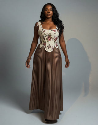 MASINA Floral Print Corset & Pleated Maxi Skirt Set