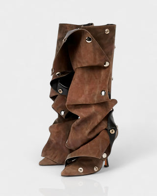 KIVARA Stiletto Heel Fold-Over Rivet Knee-High Boots