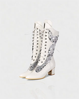 AROLA Lace-Up Embroidered Mid-Calf Boots