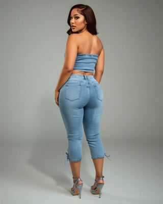 ISSA Laced Denim Corset Top & Capri Pants Set