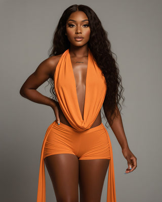 AVERILL Halter Top & Side Draped Shorts Set