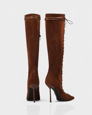 ESCAS Lace-Up Mesh Knee-High Stiletto Boots