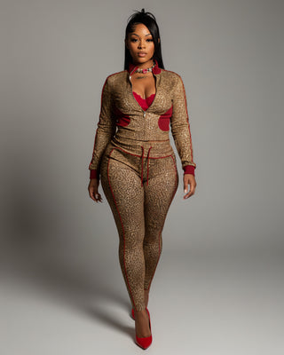 DERMA Leopard Print Zip-up Top & Leggings Set