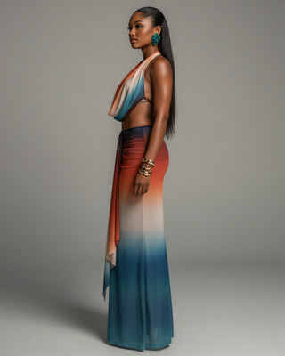 CHANEL Gradient Print Cowl Top and Maxi Skirt Set