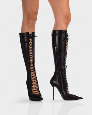 ESCAS Lace-Up Mesh Knee-High Stiletto Boots
