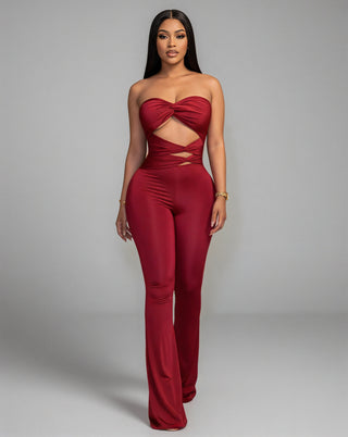 ZANIYA Strapless Twist-Front Flare Jumpsuit
