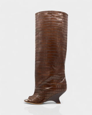 HELIRA Peep Toe Wedge Knee High Boots