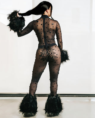 CHARICE Rhinestone & Faux Fur Trim Jumpsuit