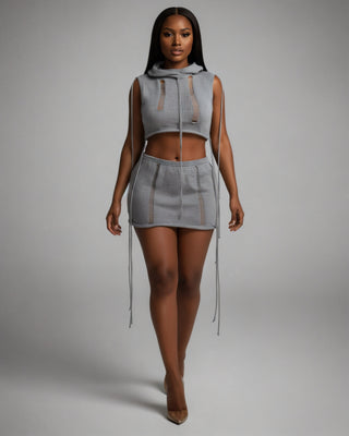 YESSA Knit Hooded Crop Top & Lace-Up Mini Skirt Set