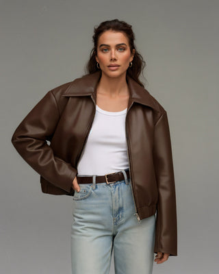 HANELLE Oversized Faux Leather Zip Jacket