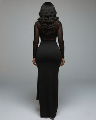 VALEYA Mesh Panel Tie-Front Maxi Dress