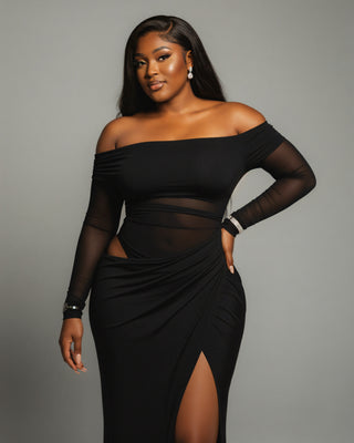 SHAINA Mesh Contrast Draped Maxi Dress