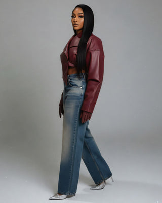 NIVIA Deep V Lapel Cropped Faux Leather Jacket